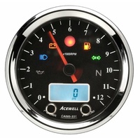 Acewell CA085-551 Classic Multifunction Cafe Racer Tachometer/Speedometer - Chrome Ring Black Face